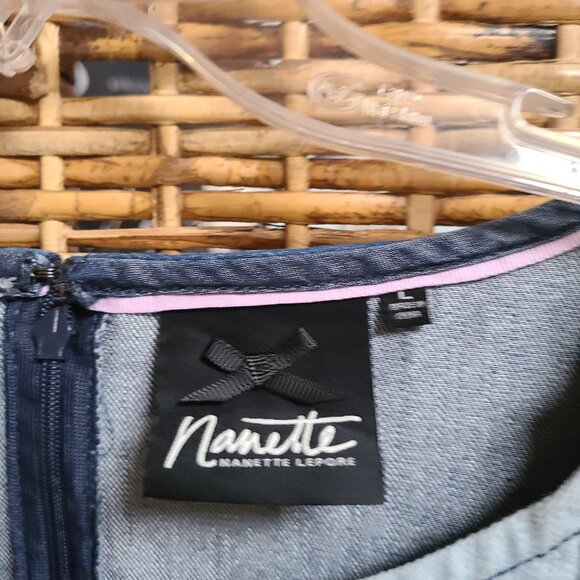 Blue Denim Patchwork Dress V Neck Shift Sleeveless Denim Nanette Lepore Large - Picture 5 of 5